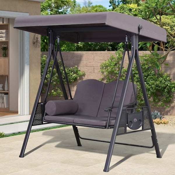 PURPLE LEAF 2-Person All-Weather Steel Frame Porch Swing Adjustable Tilt Canopy, Cushions and Pillow Included, Gray