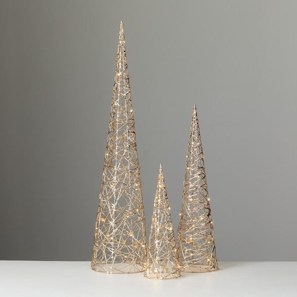 SULLIVANS 35.5 in., 23.5 in. and 15.75 in. Gold Outdoor Lighted Cones Christmas Yard Stake - Set of 3