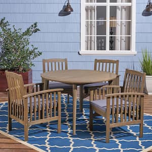 Casa Acacia Grey 5-Piece Acacia Wood Round Table with Straight Legs Patio Outdoor Dining Set with Dark Grey Cushions