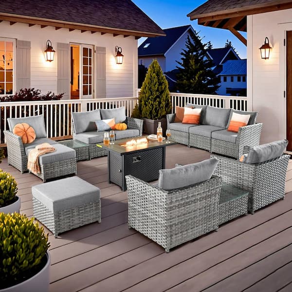 XIZZI Bella 13-Piece Wicker Patio Rectangle Fire Pit Conversation Set with Dark Gray Cushions