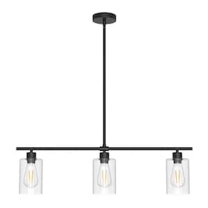 3-Light Black Industrial Modern Linear Kitchen Island Pendant with Clear Glass Shades for Dining Table