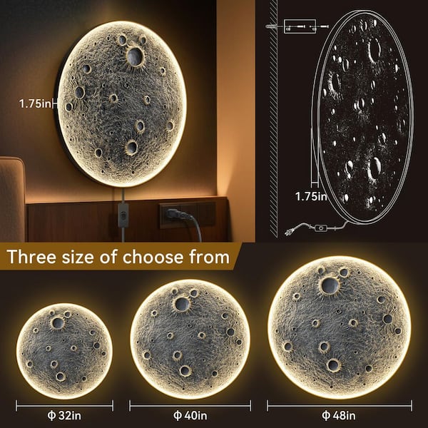 48 in. x 48 in. Gray Metal Work Realistic Resin Moon with Dimmable