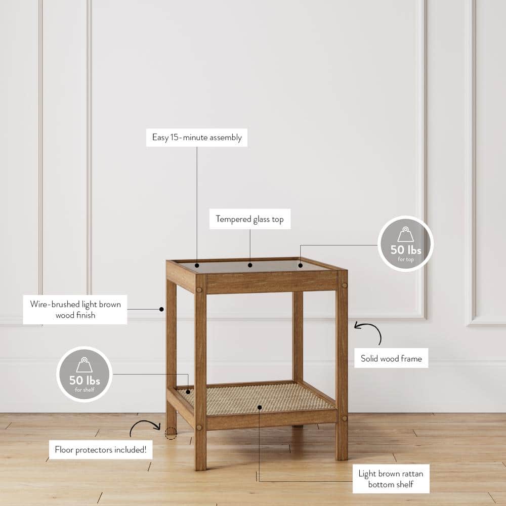 Hayes Light Brown Solid Wood and Glass Side Table with Rattan Shelf