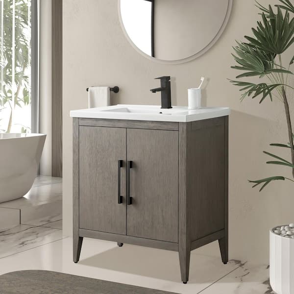30 in. W x 18.5 in D x 34 in. H Single-Sink Bathroom Vanity Cabinet in Driftwood Gray with Ceramic Top in White