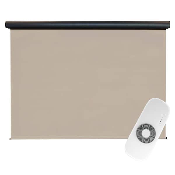 SeaSun Coronado Tan Motorized Outdoor Patio Roller Shade with Valance 72 in. W x 96 in. L