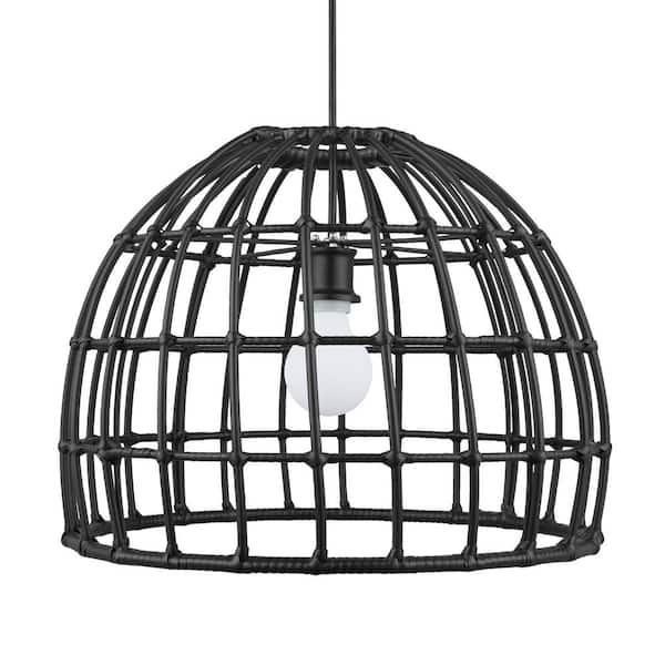 Hampton Bay Harper Hills 1-Light Black Outdoor Pendant Light with Black Resin Wicker Shade