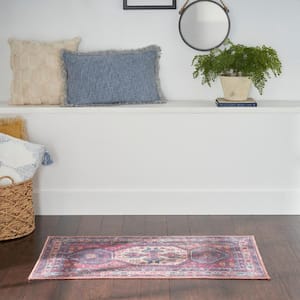 57 Grand Machine Washable doormat Red/Navy 2 ft. x 4 ft. Bordered Transitional Kitchen Area Rug