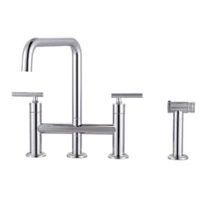 Double Handle Bridge Kitchen Faucet, Deck Mount Kitchen Sink Faucet with Side Sprayer in Polished Chrome