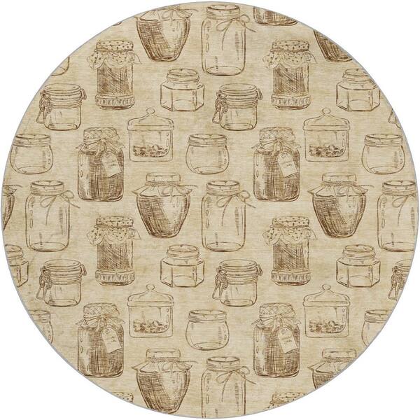 Dream Shag Premium Machine Washable Abstract ADS173 Beige 8 ft. x 8 ft. Round Rug