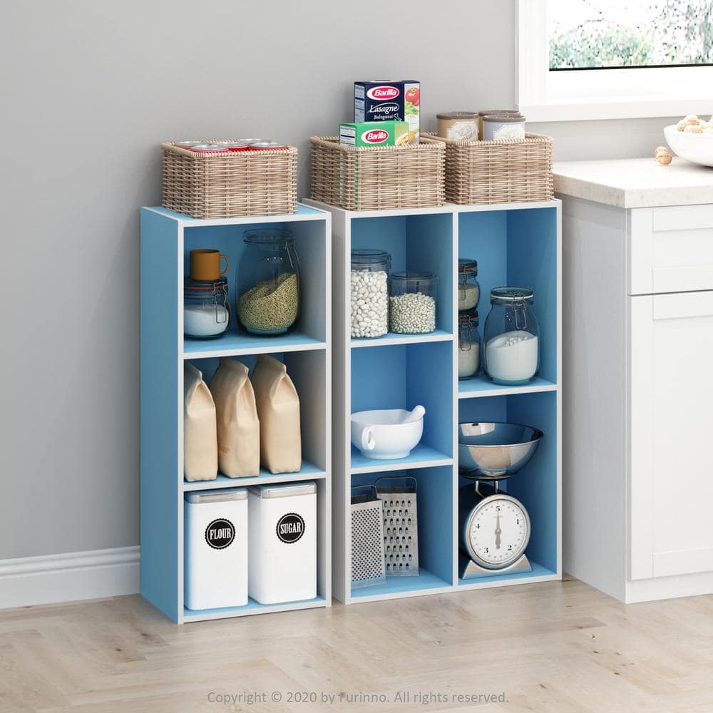 White and Light Blue 3-Tier Particle Board Bookcase