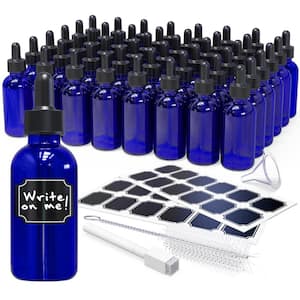 2 oz. Glass Dropper Bottles with Funnel, Brush, Marker and Labels - Blue (Pack of 48)