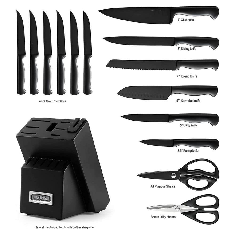 15-Piece Stainless Steel Kitchen Knife Sets with Knife Block and Built-in Sharpener, Black - Thumbnail 4