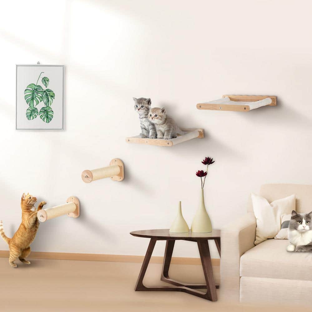 Natural Oak Wall Mounted Cat Shelves with Hammocks and Posts