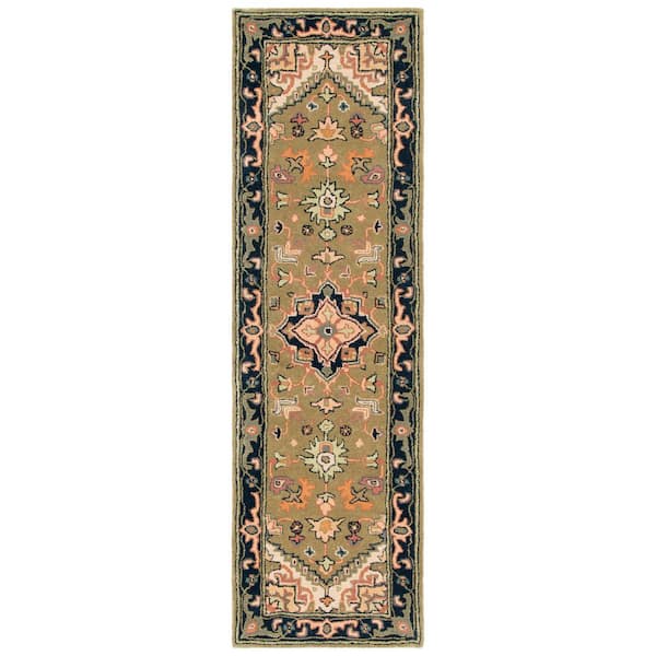 Heritage Green/Light Brown 2 ft. x 10 ft. Border Floral Medallion Runner Rug