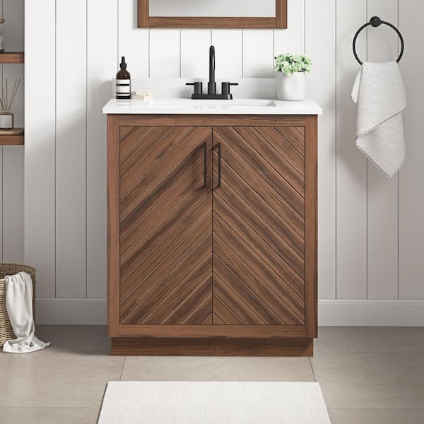 Glacier Bay Huckleberry 30 in. W x 19 in. D x 34 in. H Single Sink Bath Vanity in Spiced Walnut with White Engineered Stone Top