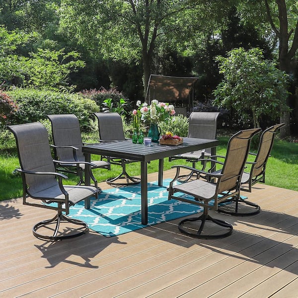 Phi Villa Black 7 Piece Metal Outdoor Patio Dining Set With Extendable Table And Padded 9535