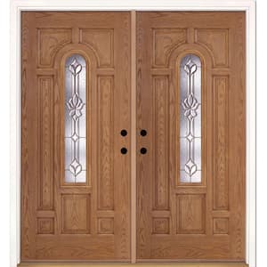 74 in. x 81.625 in. Medina Brass Center Arch Lite Stained Light Oak Right-Hand Fiberglass Double Prehung Front Door