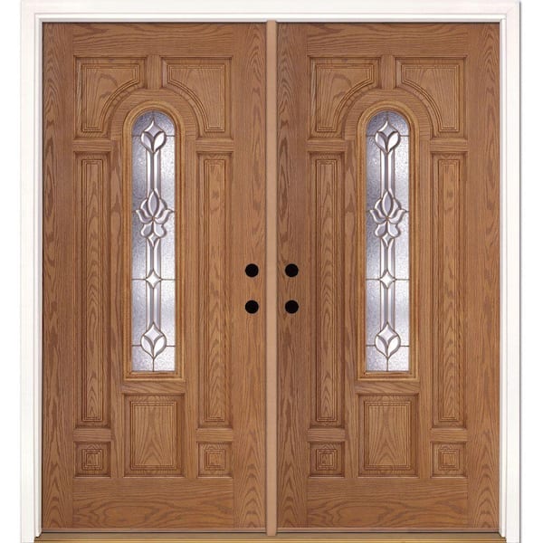 Feather River Doors 74 in. x 81.625 in. Medina Brass Center Arch Lite Stained Light Oak Right-Hand Fiberglass Double Prehung Front Door