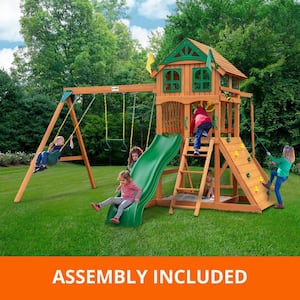 Professionally Assembled Outing III Kids Wooden Outdoor Playground Set with Wood Roof, Monkey Bars, Slide, and Swing Set