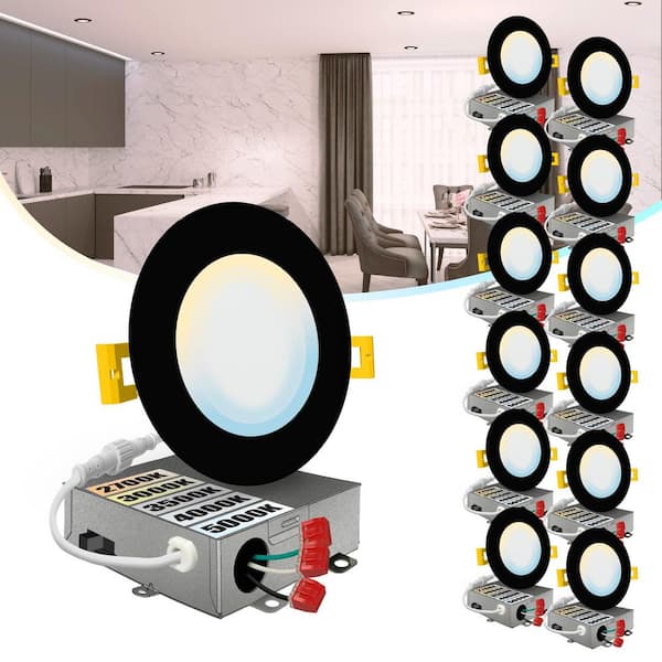 4 in. Black Trim 5CCT 27K-50K Ultra Thin Canless New Construction IC Rated Integrated LED Recessed Lighting Kit 12 Pack