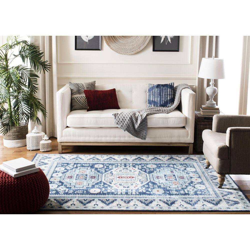 Blue and Cream Geometric Square Area Rug 80"