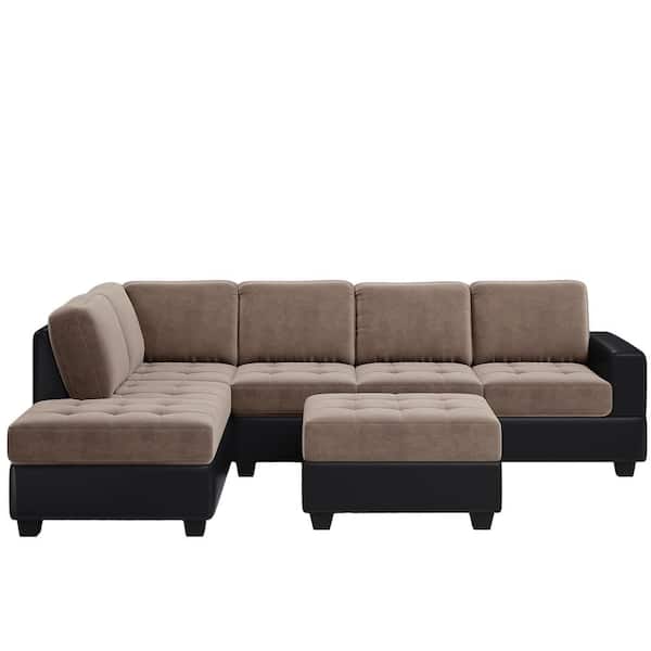 JASMODER 112 in. W Brown Square Arm Polyester with Reversible Chaise with Storage Ottoman and 2-Cup Holders Straight Sofa