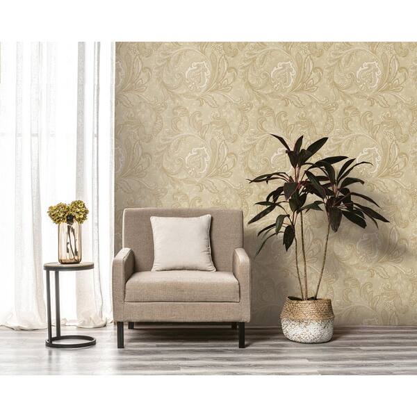 Elegance Collection Beige Paisley Design Pearlescent Finish Non-Pasted Non-Woven Wallpaper Roll