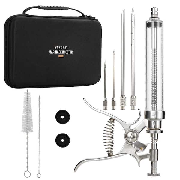 Razorri 2 oz. Large Capacity Barrel Marinade Injector Gun Stainless Steel BBQ Meat Turkey Inject Kit and 4 Perforated Needles
