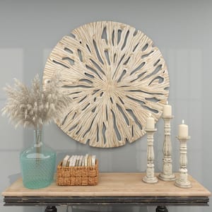 47 in. x  47 in. Wooden Beige Handmade Intricately Carved Starburst Wall Decor