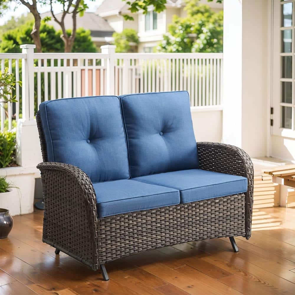 Carlos 2-Person Borwn Wicker Rocking Bench Outdoor Glider Patio Rattan Loveseat with Blue Cushions price history on PriceWatchPro