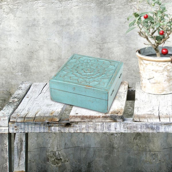 Stonebriar Collection 6 in. x 2.5 in. Weathered Sky Blue Wooden Box with Hinges and Carved Floral Design