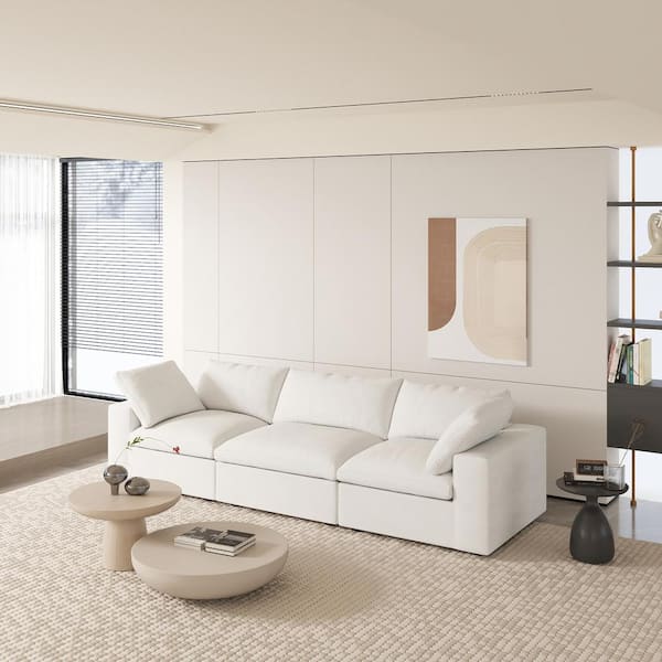J&E Home 120.45 in. W Square Arm Linen Rectangle Modular Free Combination Sofa in. White