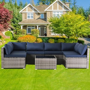 Grey 7-Piece Wicker Patio Conversation Set with Blue Cushions