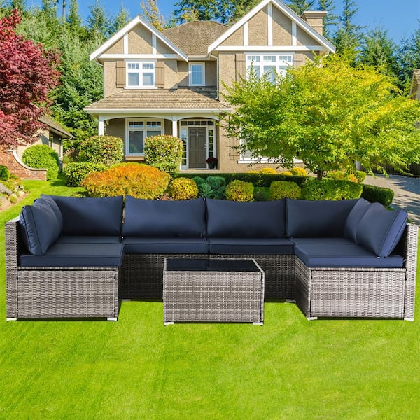 Cesicia Grey 7-Piece Wicker Patio Conversation Set with Blue Cushions