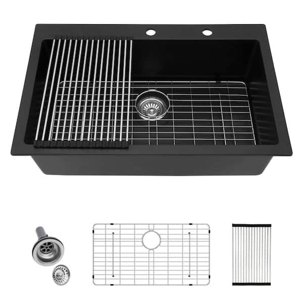 Logmey 33 in. Drop-in Single Bowl Black Quartz Composite Kitchen Sink with Bottom Grids and Strainer