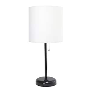19.5 in. Black and White Stick Lamp with Charging Outlet and Fabric Shade