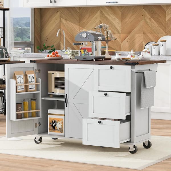 PDTEND White Wood 54.5 in. W Drop Leaf Farmhouse Kitchen Island on Wheels Internal Storage Rack, Internal Storage Rack
