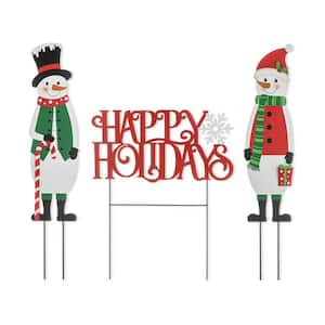 32 in. H Set of 3 Christmas Metal Snowman and HAPPY HOLIDAYS Yard Stake