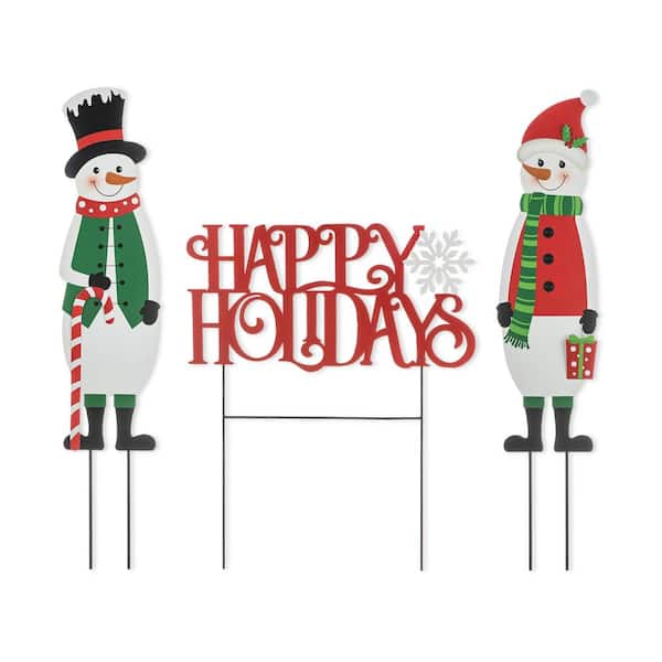 32 in. H Set of 3 Christmas Metal Snowman and HAPPY HOLIDAYS Yard Stake