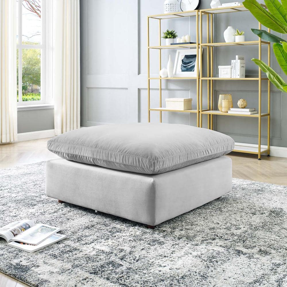 Light Gray Velvet Overstuffed Ottoman with Solid Wood Frame