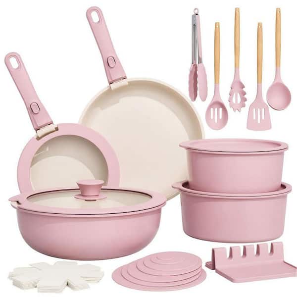 21 Piece Aluminum Pots and Pans Set, Non Stick Ceramic Cookware Set for RV, Kitchen, Pink