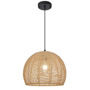 1-Light Natural Rattan Dome Black Canopy Rustic Pendant Light with Natural Shade for Dining Room Kitchen