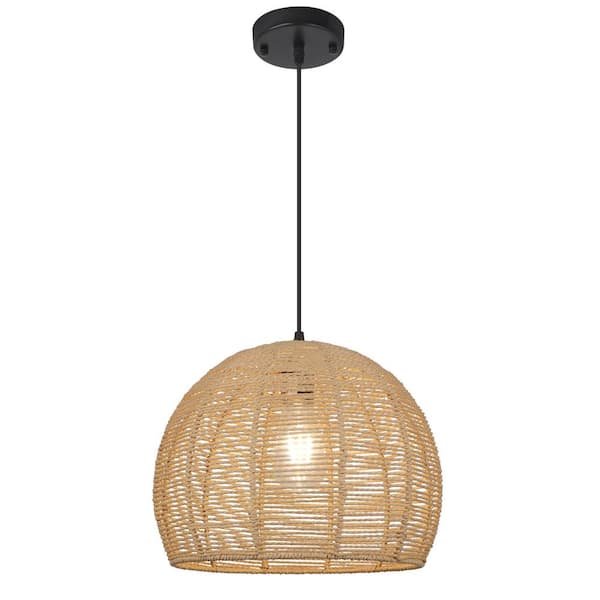 Unbranded 1-Light Natural Rattan Dome Black Canopy Rustic Pendant Light with Natural Shade for Dining Room Kitchen