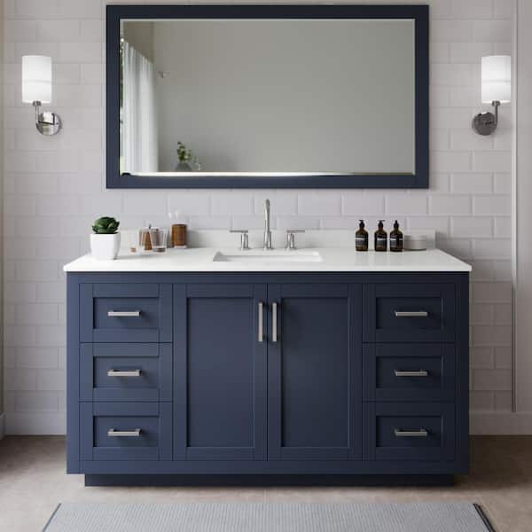 Wyndham Collection Miranda 66 in. W x 22 in. D x 33.75 in. H Single Bath Vanity in Dark Blue with White Quartz Top and 58 in. Mirror