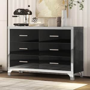 47.2 in. W x 15.7 in. D x 31.4 in. H Black Linen Cabinet High Gloss Dresser Mirrored Storage Cabinet 6-Drawers