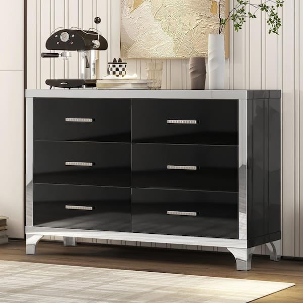 Unbranded 47.2 in. W x 15.7 in. D x 31.4 in. H Black Linen Cabinet High Gloss Dresser Mirrored Storage Cabinet 6-Drawers