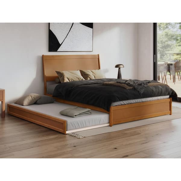 AFI Casanova Light Toffee Natural Bronze Solid Wood Frame Queen Platform Bed with Panel Footboard and Twin XL Trundle