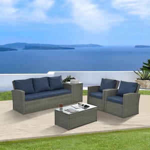 5-Piece PE Rattan Wicker Patio Conversation Set with Light Blue Cushions