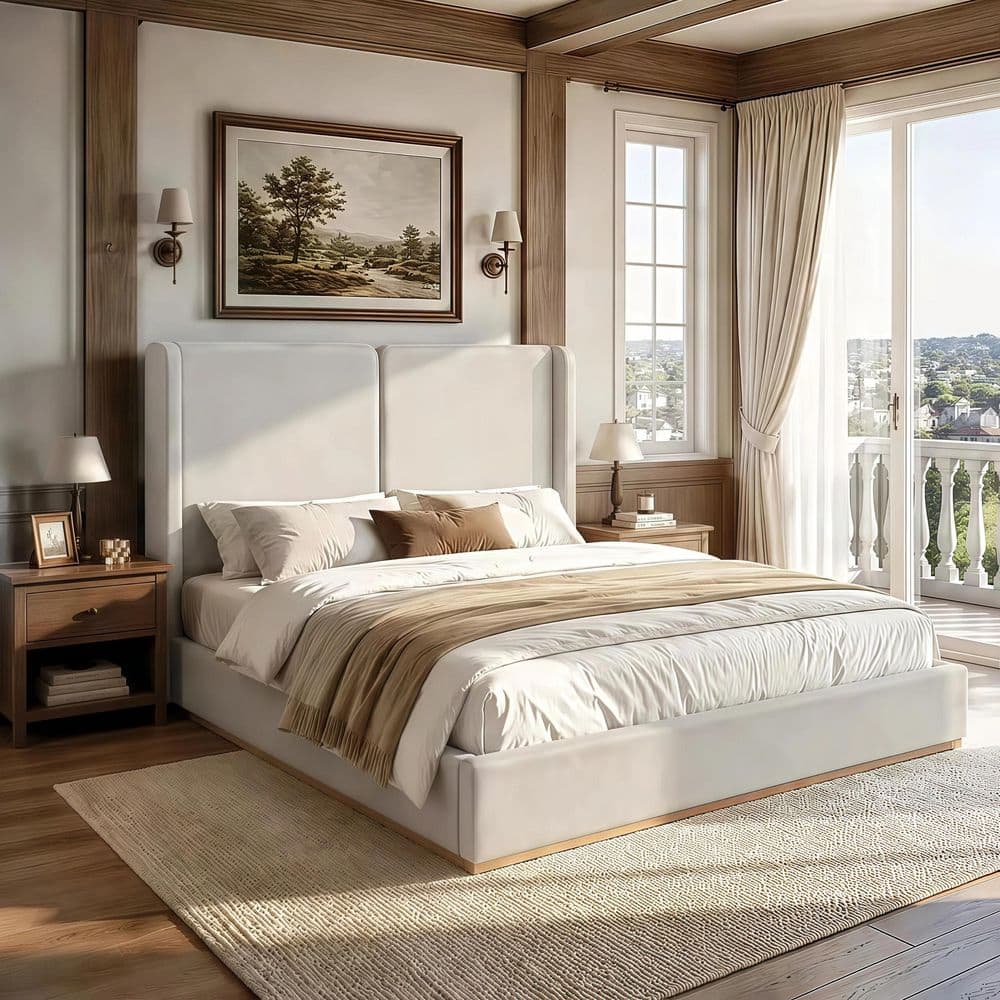 White Wood Frame Queen Size Chenille Upholstered Platform Bed with Wingback Headboard