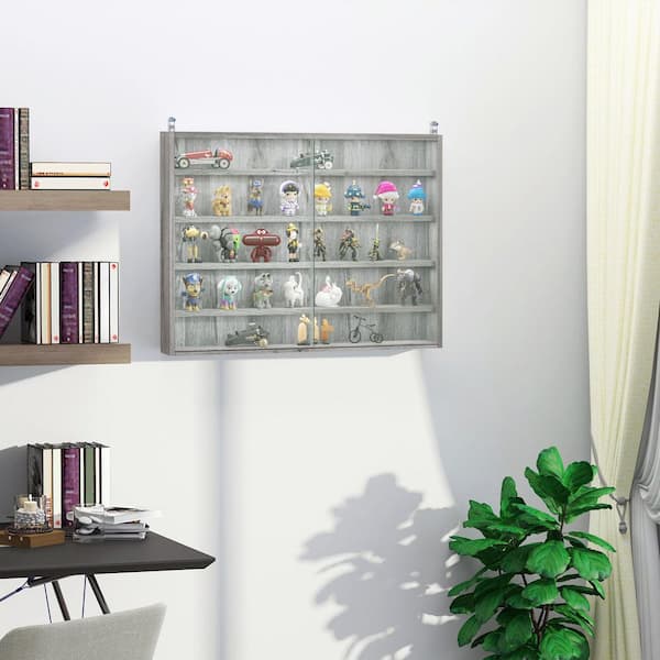 Gray 31.5 in. x 23.5 in. Glass Wall Mounted Photo Album Magazine Rack Display Case with 2-Doors and Adjustable Shelves